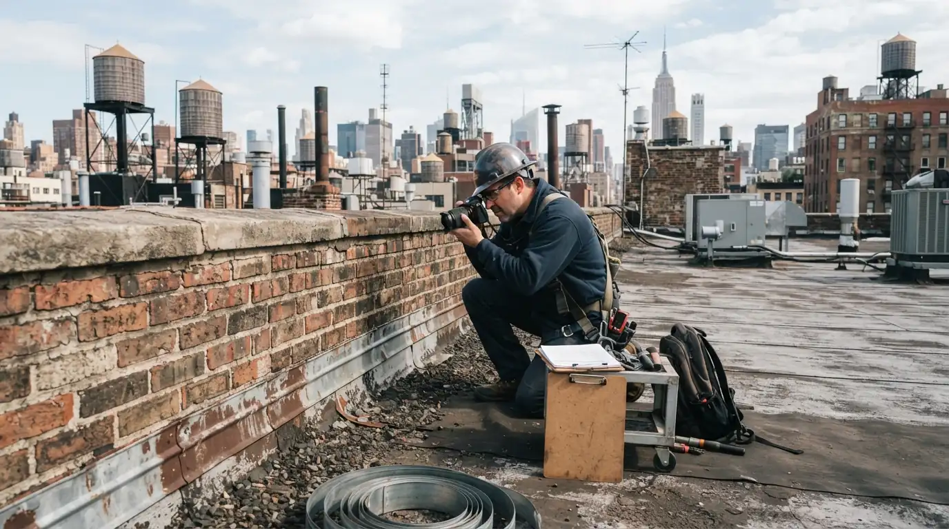 Inspector photographing parapet flashing