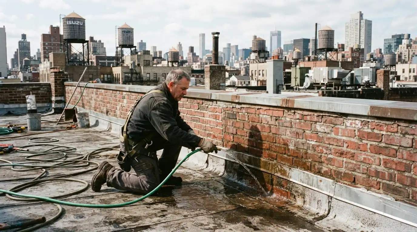 Water test at the base of a parapet wall
