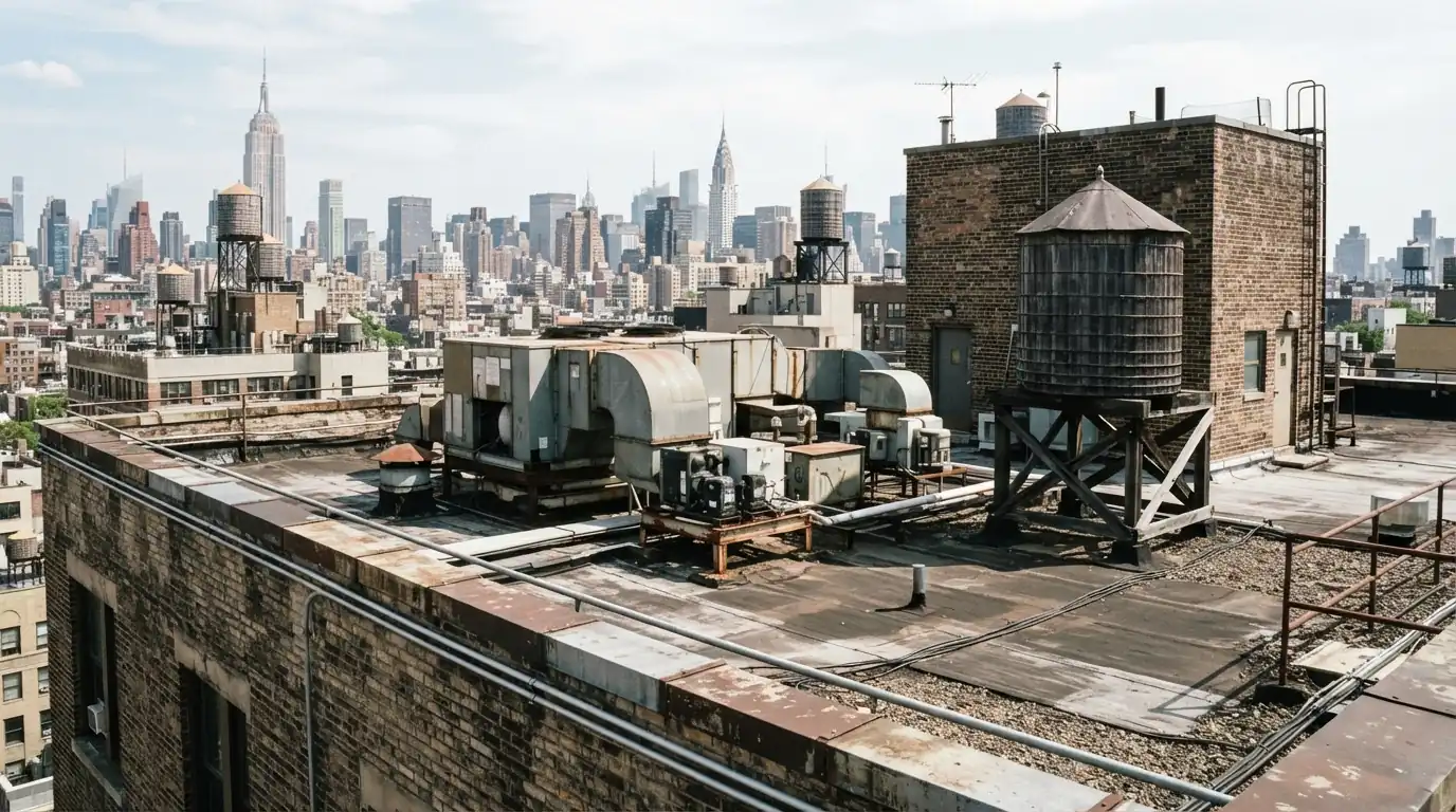 Rooftop equipment areas on a flat roof