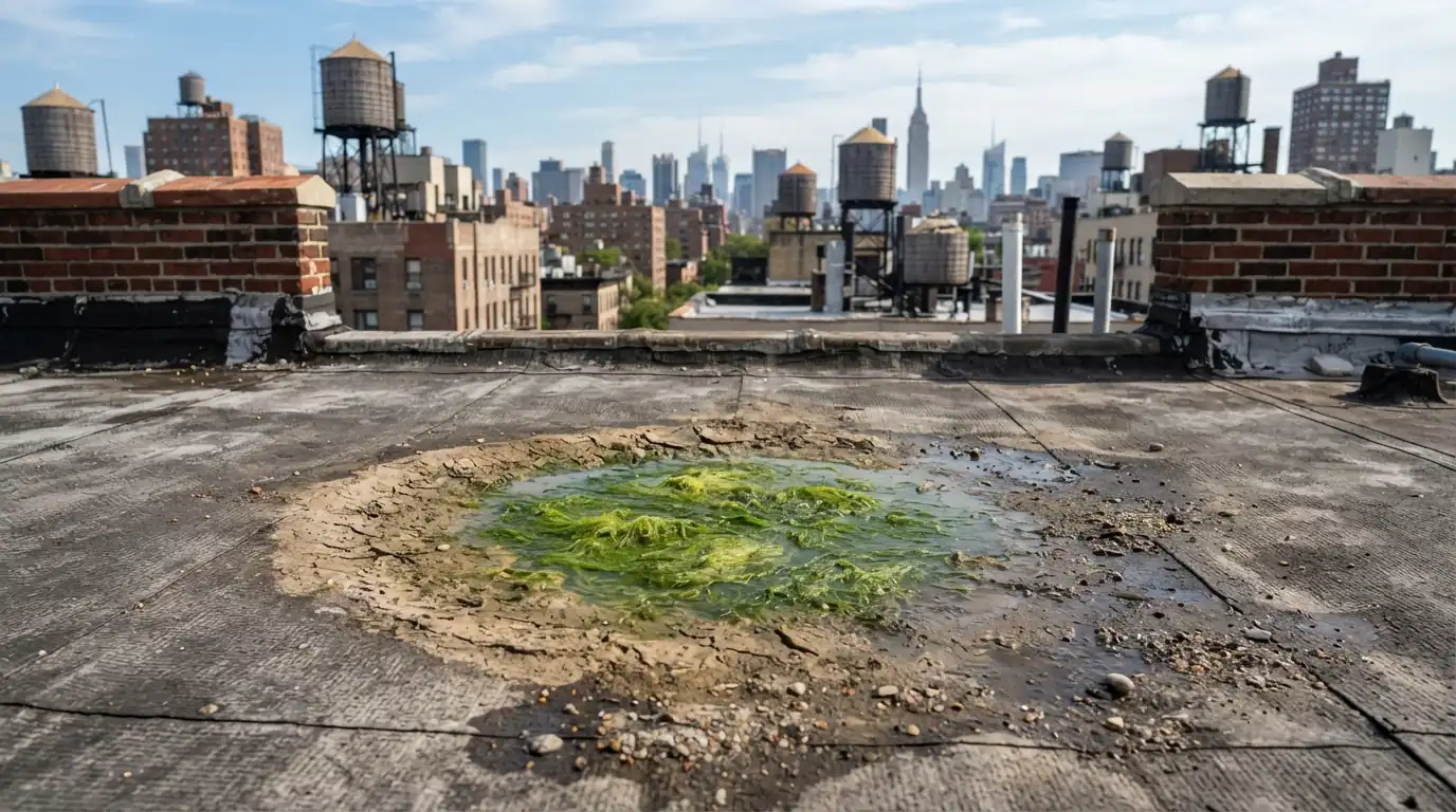 Silt rings and algae where water ponds on a roof