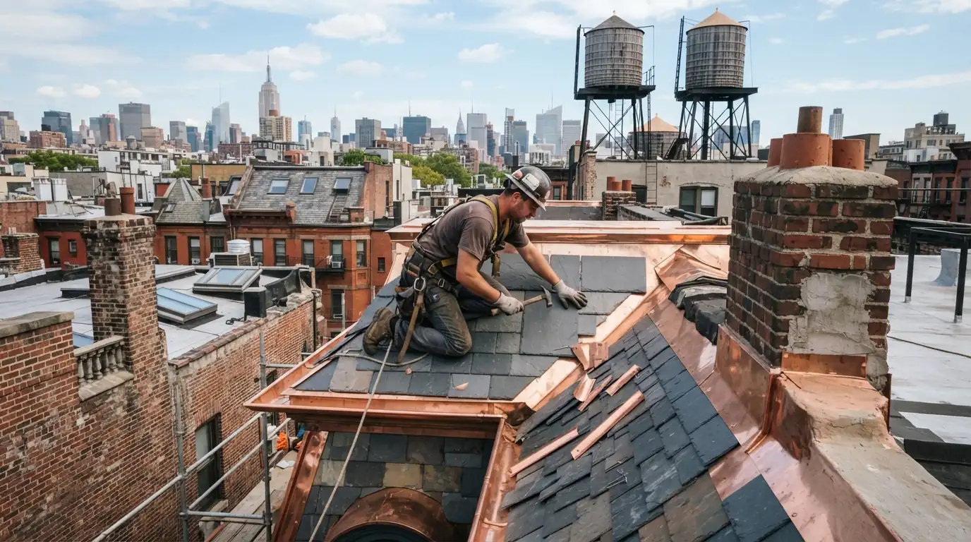 Slate being replaced on a mansard roof