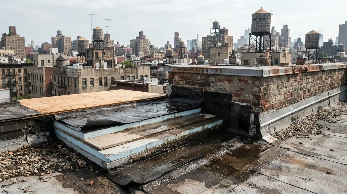 Flat roof layers with water spreading under the membrane