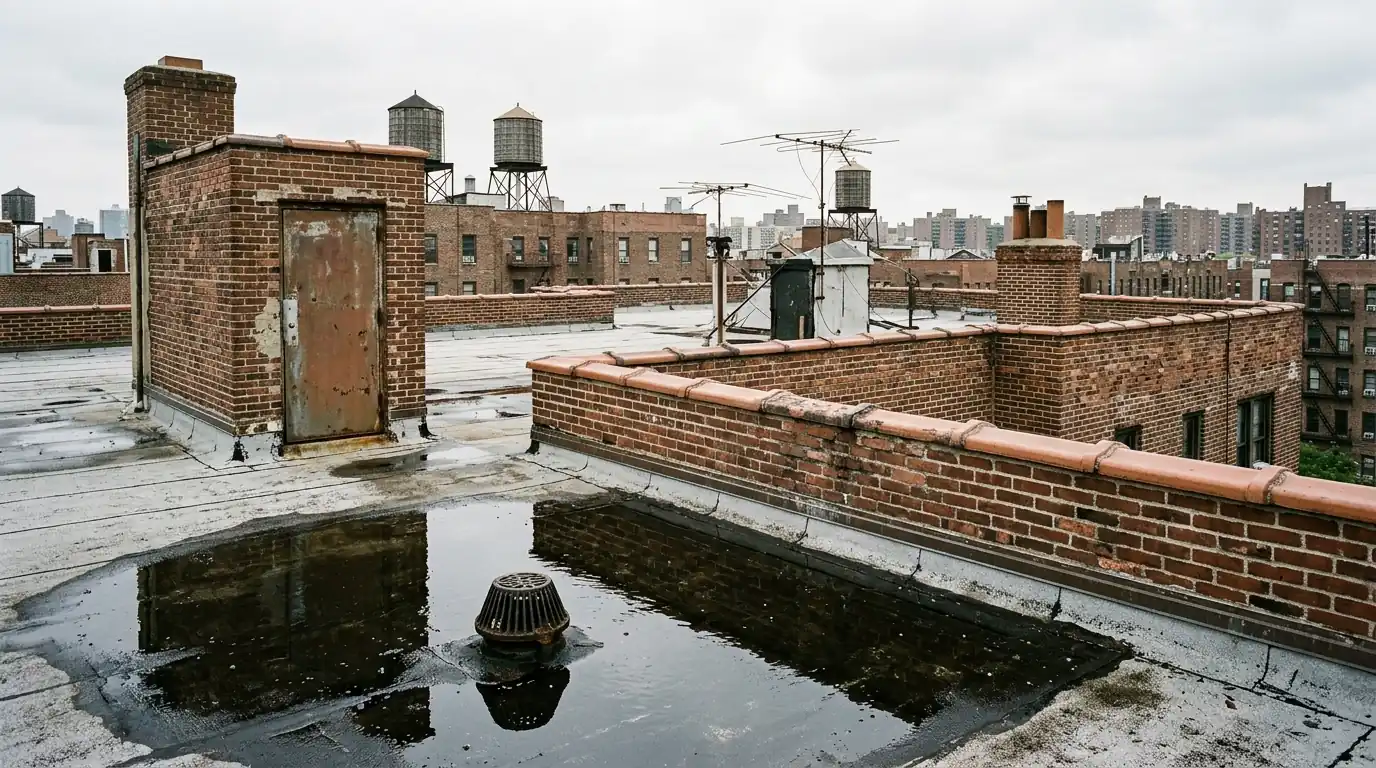 Bronx apartment building roof with parapets and a bulkhead