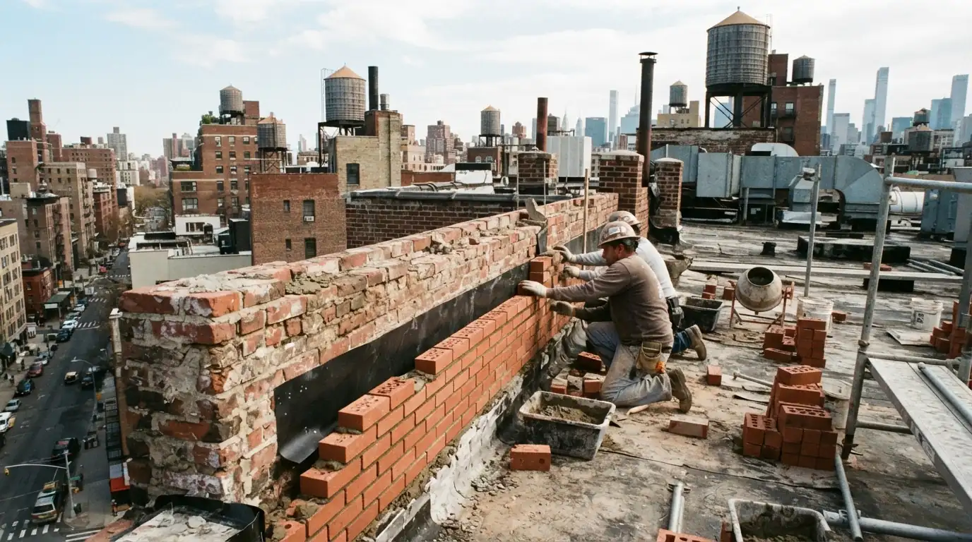 Parapet being rebuilt with new flashing