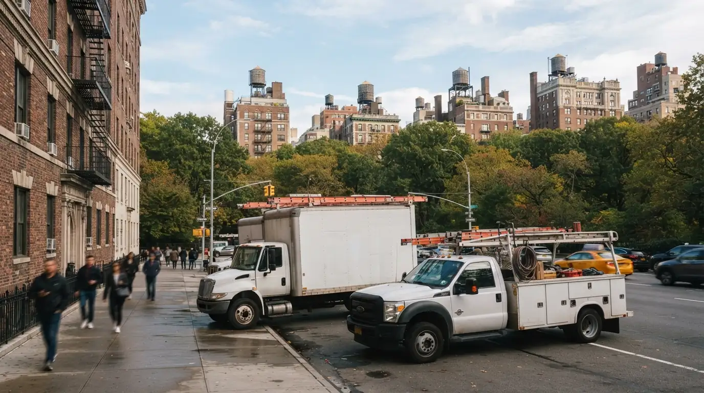 Roofing trucks outside the Fifth Avenue service office