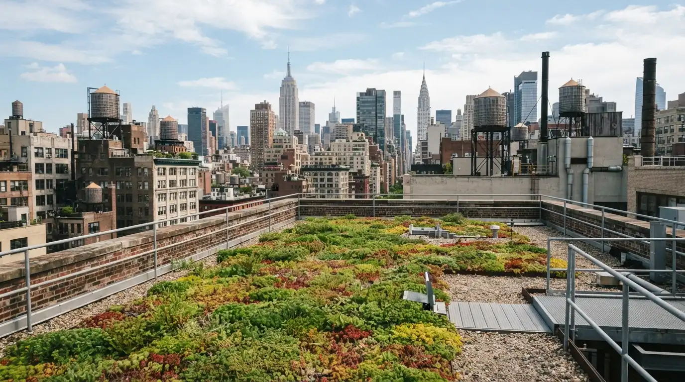 Mature sedum green roof on an apartment building