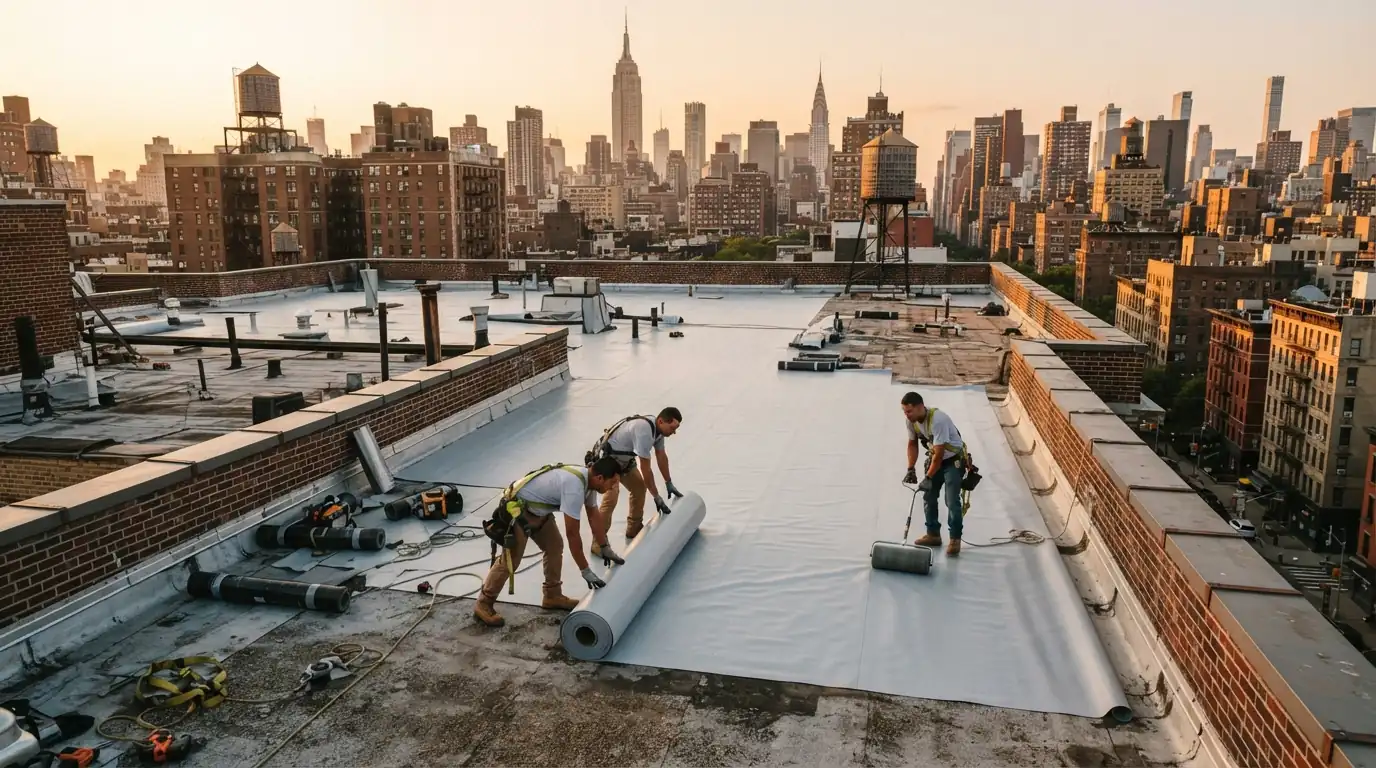 Roofing crew installing a new flat roof membrane