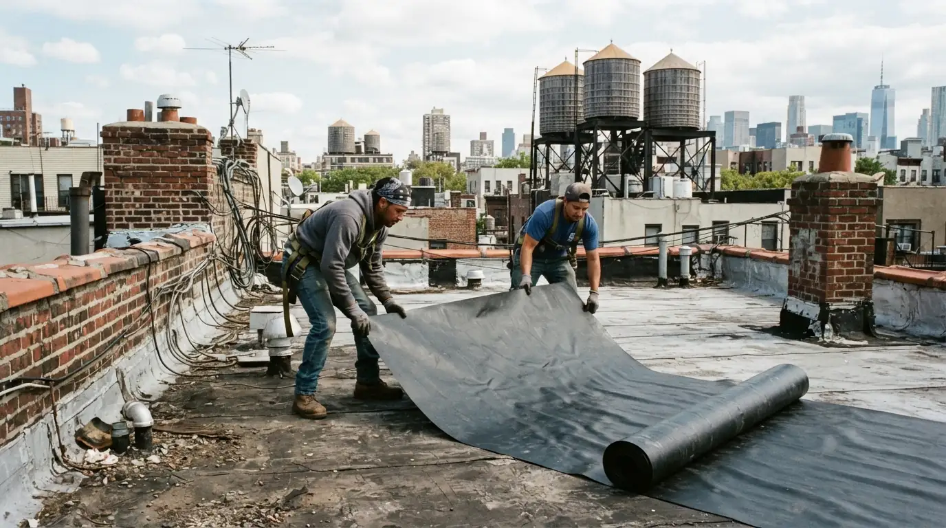 Roofers unrolling an EPDM rubber membrane