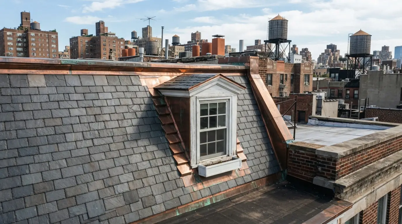 Copper flashing around a mansard dormer
