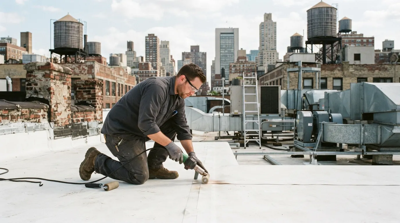 Welding a TPO seam near rooftop equipment