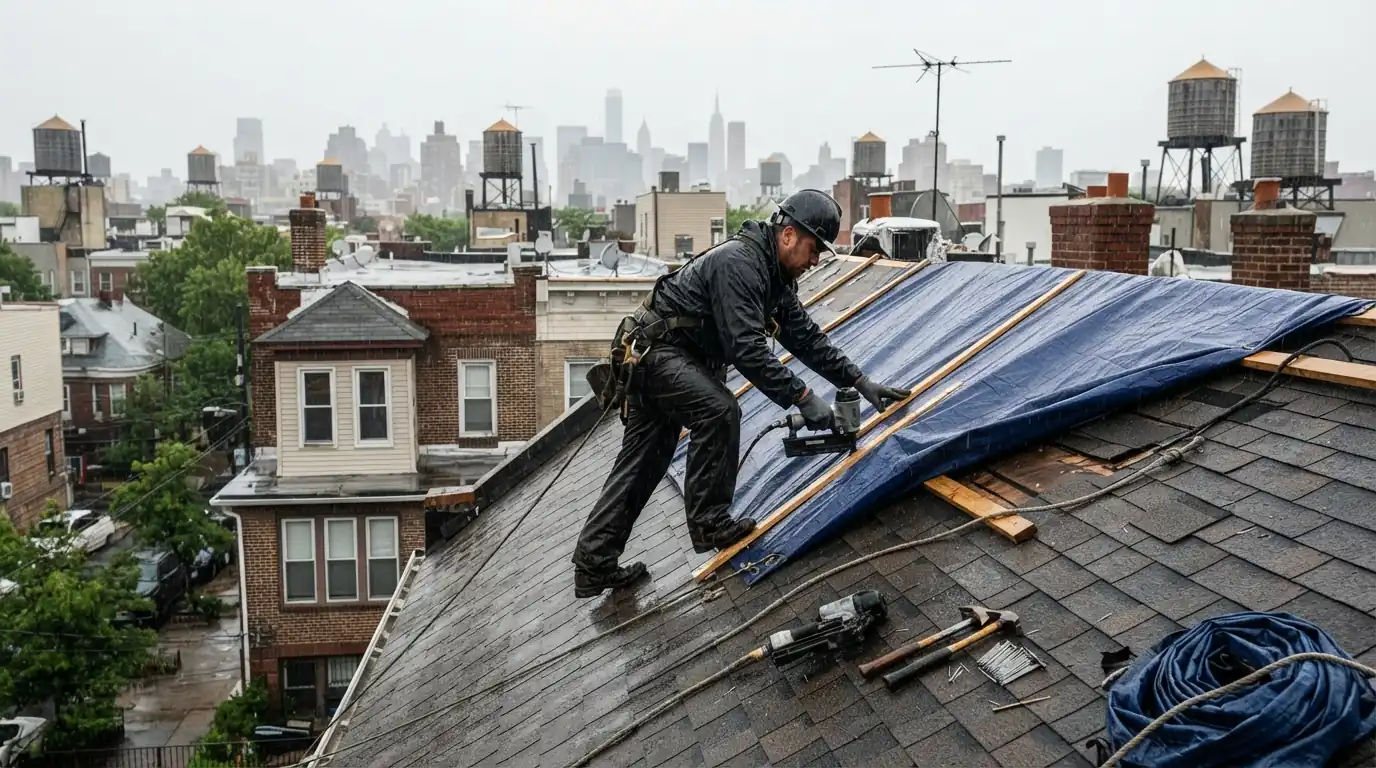 Roofer tarping storm damage on a pitched roof