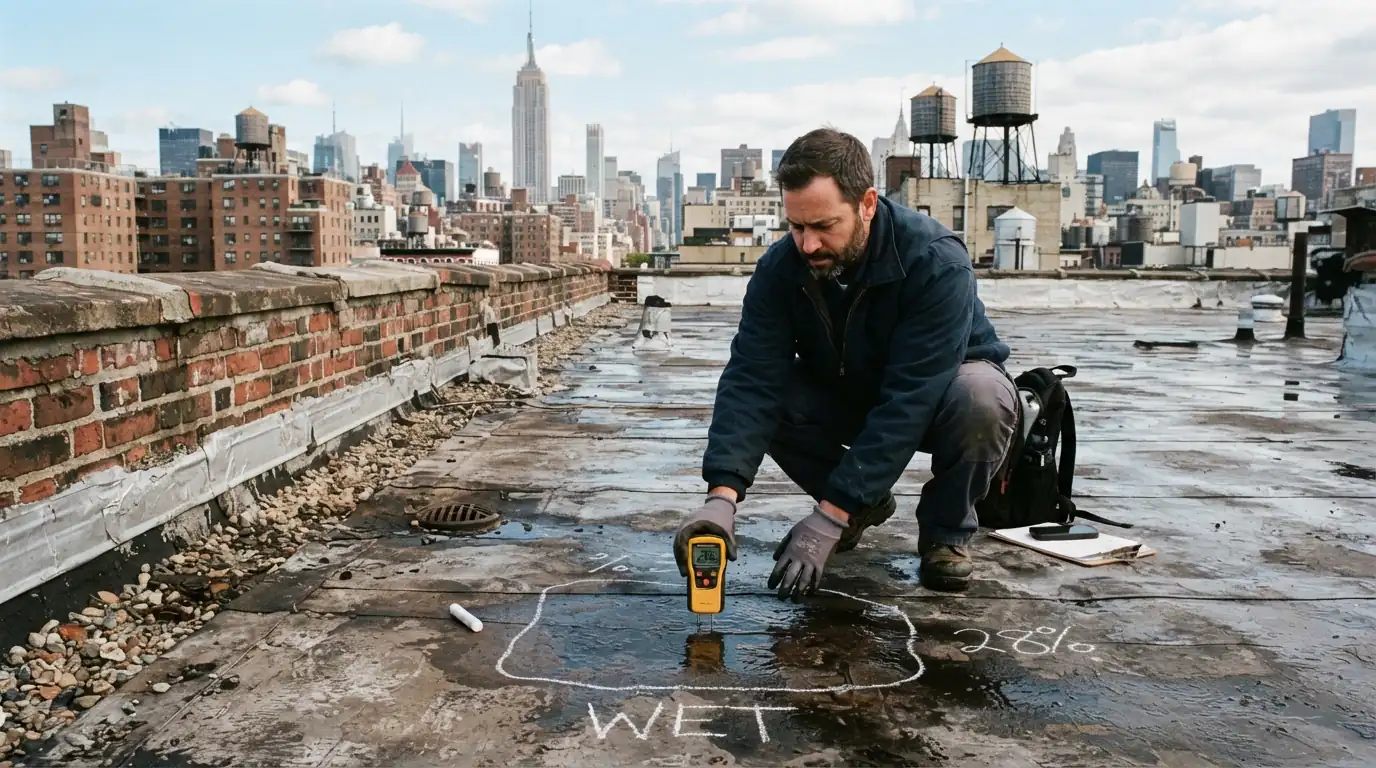 Moisture reading marking a wet area on a roof