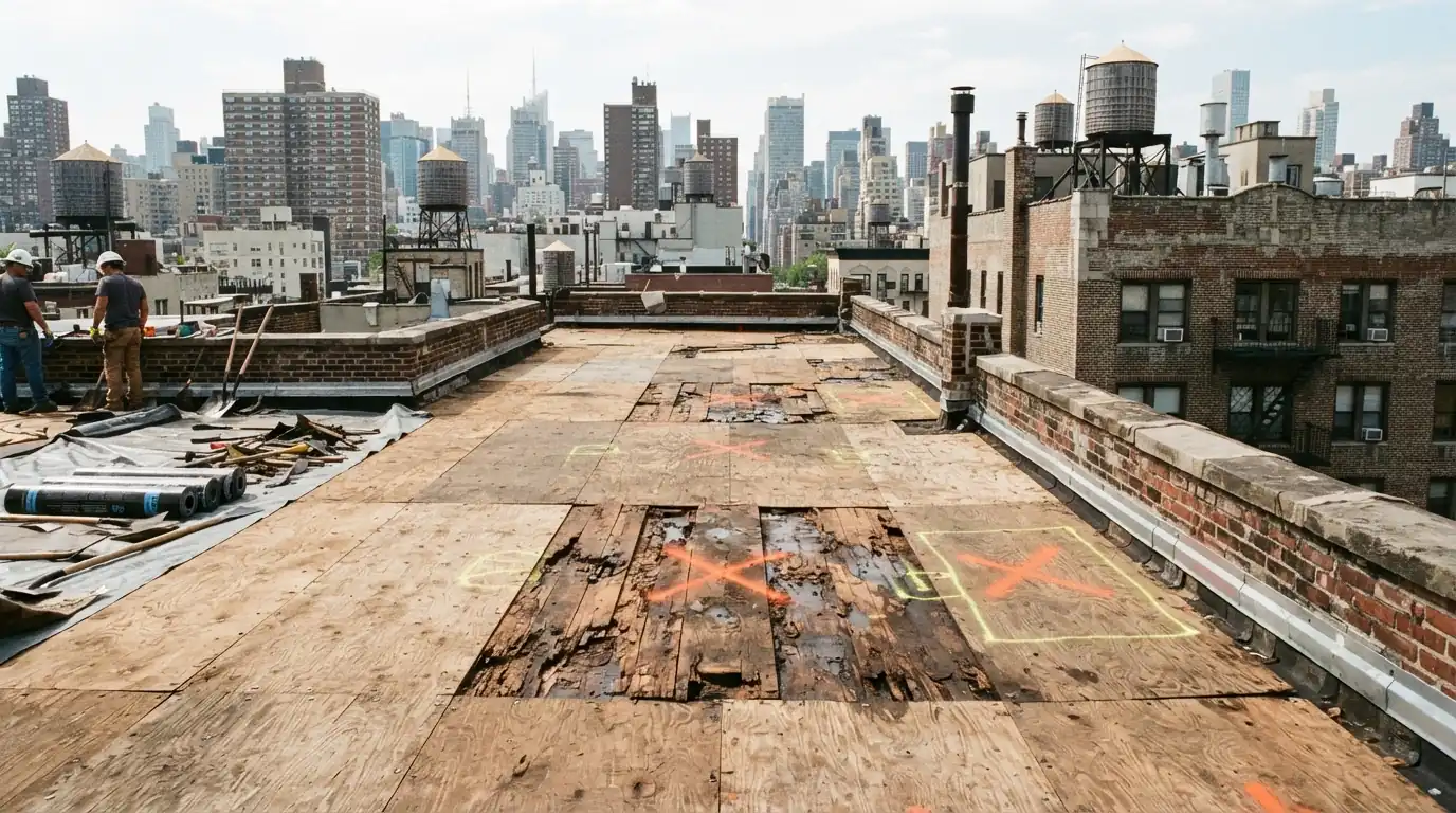 Roof deck exposed after tear-off