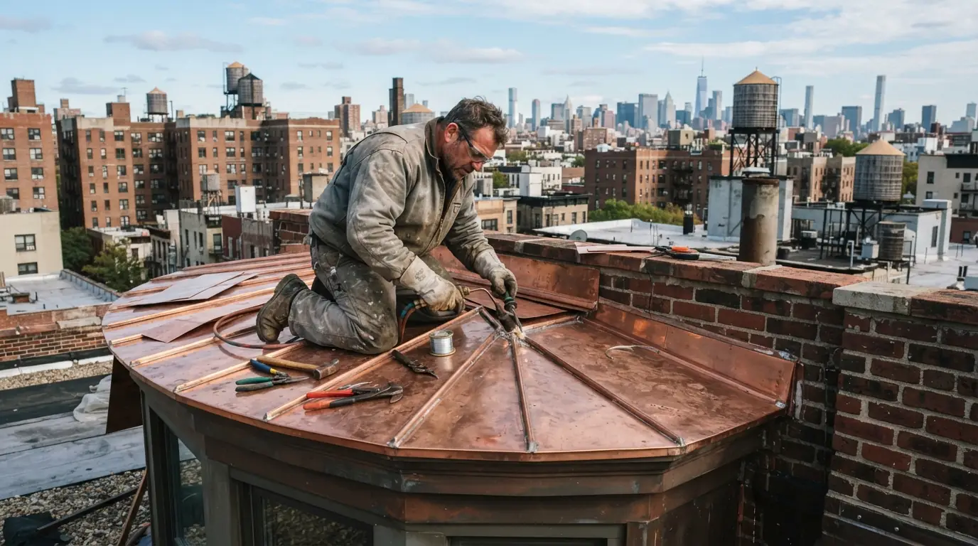 Soldering flat-seam copper on a bay window top