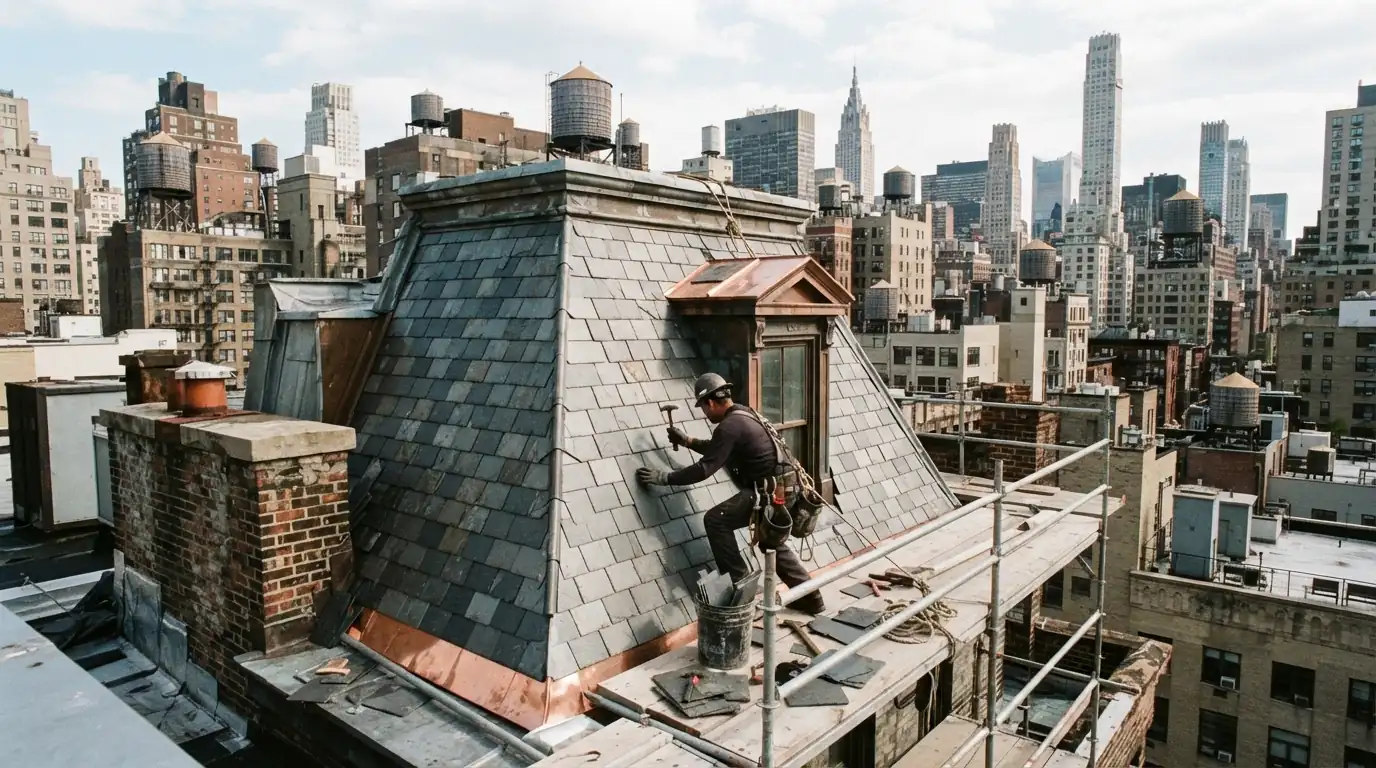 Replacing slate on a steep mansard face