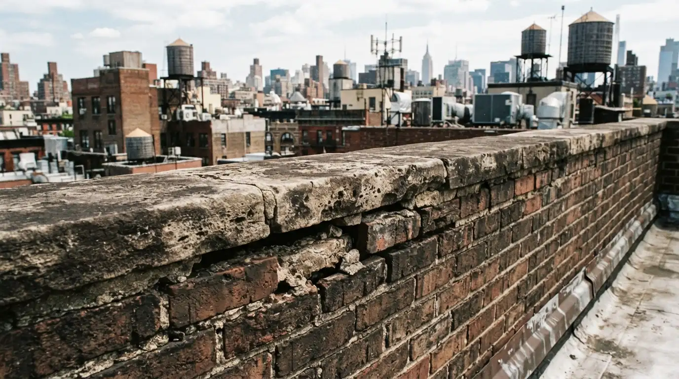 Cracked coping and open joints on a parapet