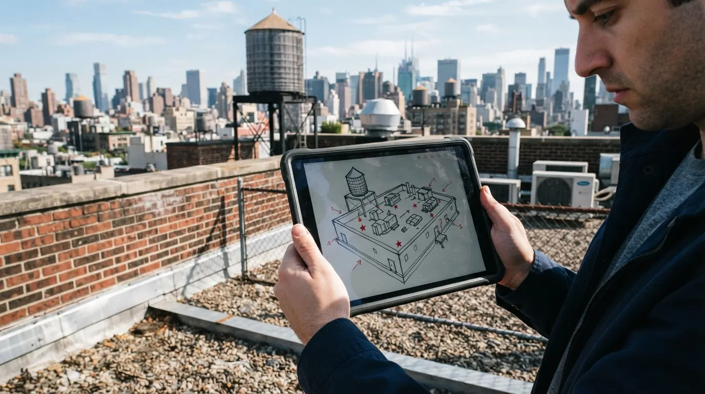Roof sketch with marked findings on a tablet