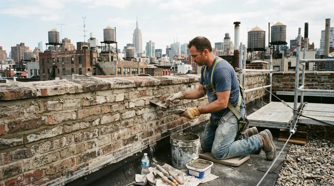 Mason repointing a brick parapet