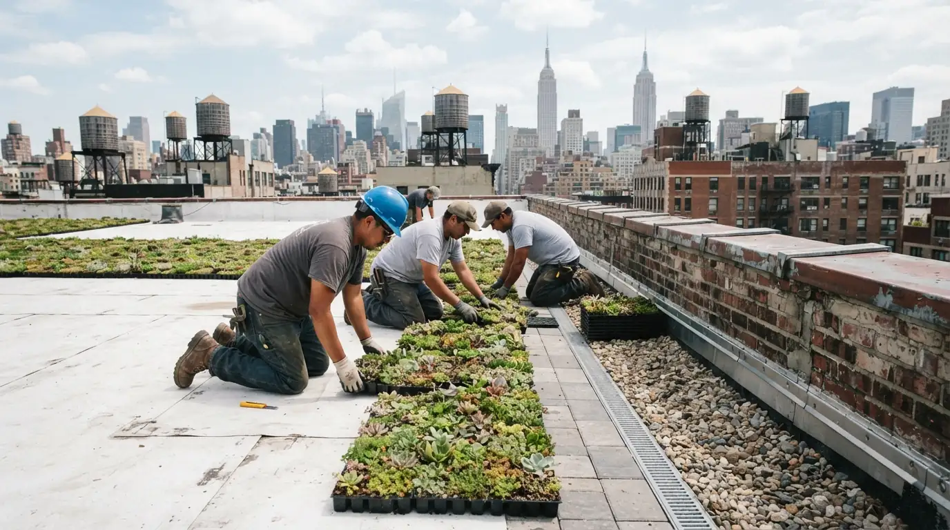 Sedum trays set on a flat roof
