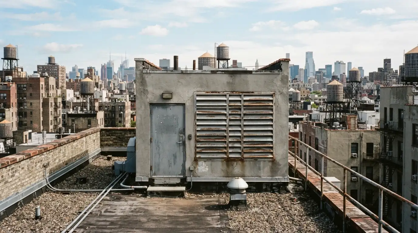 Elevator bulkhead with louvers on a roof