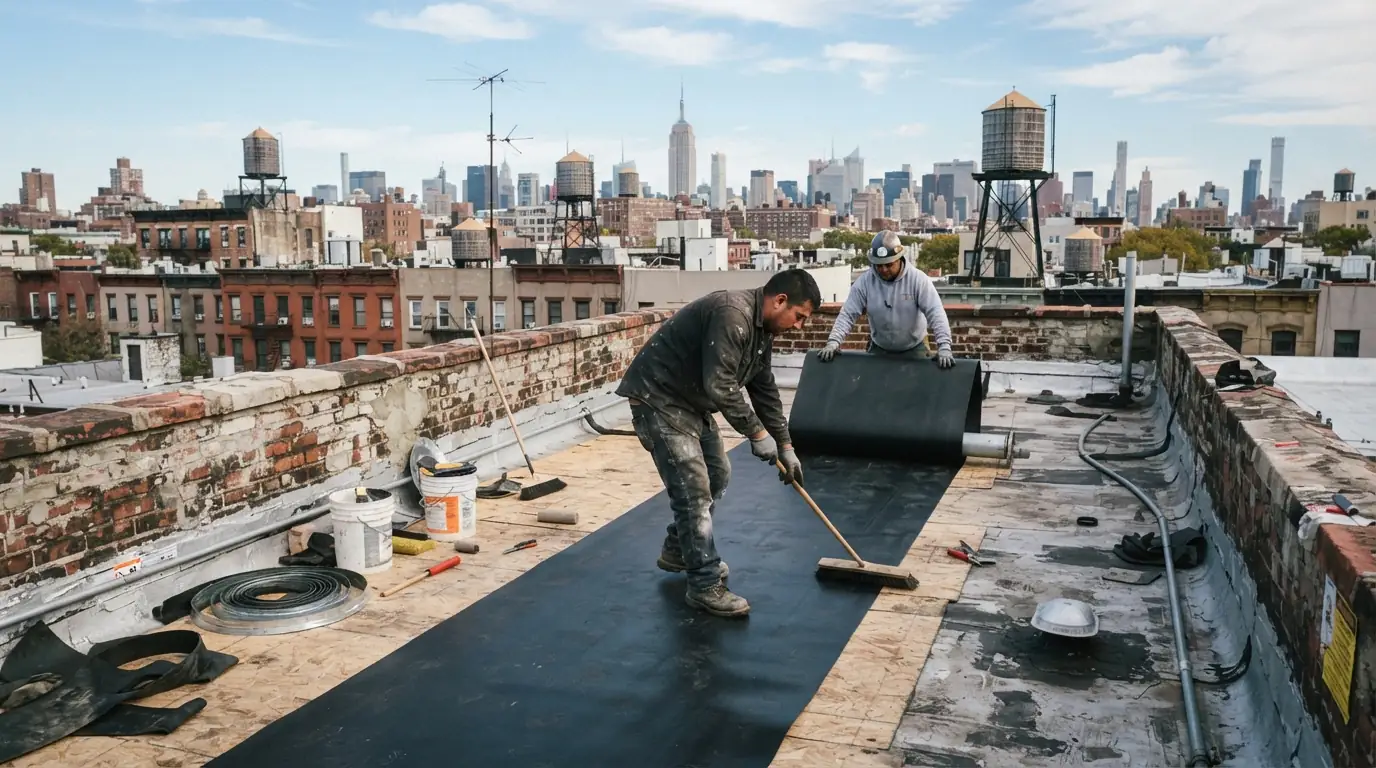 EPDM sheet unrolled on a rowhouse roof