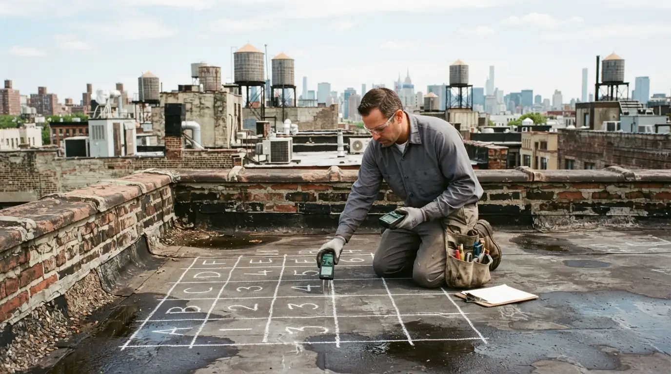 Moisture readings taken on a grid across a flat roof