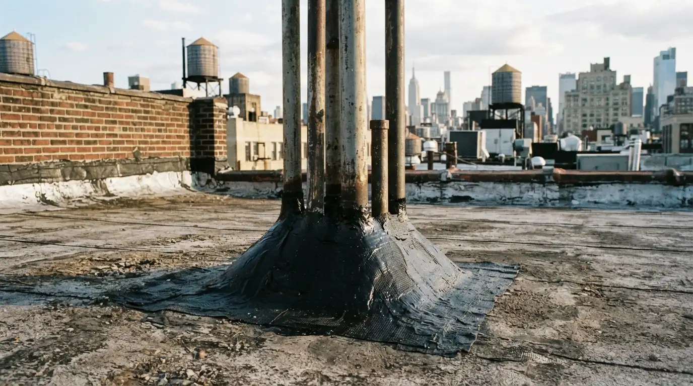 Liquid flashing sealing a cluster of roof pipes