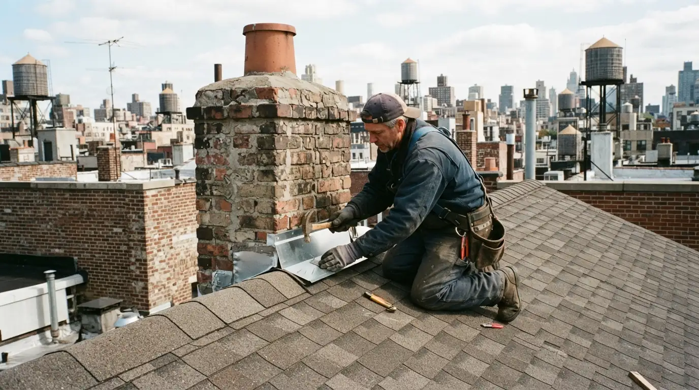 New step flashing along a brick chimney