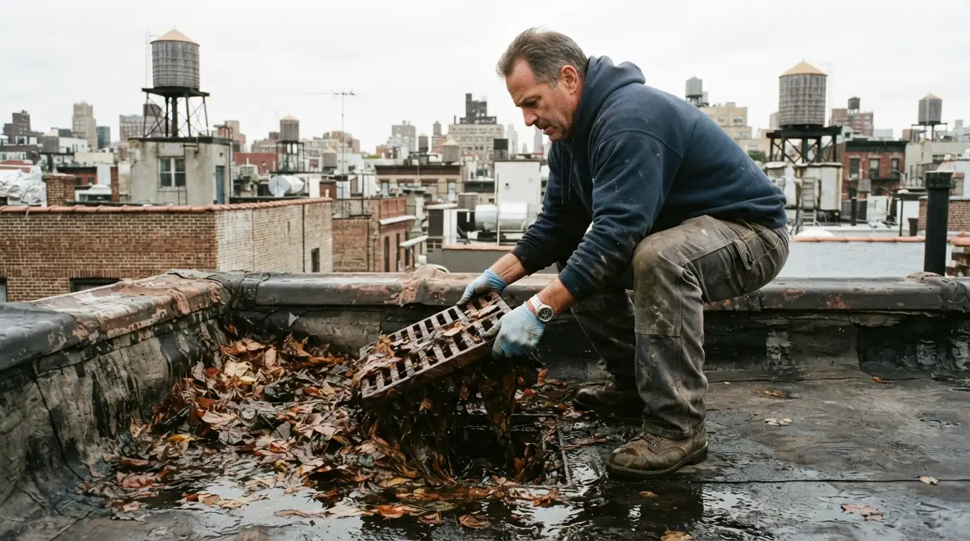 Clogged flat roof drain with the strainer lifted
