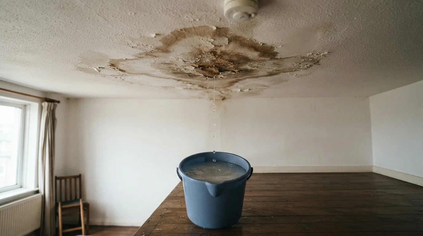 Ceiling stain under a flat roof leak