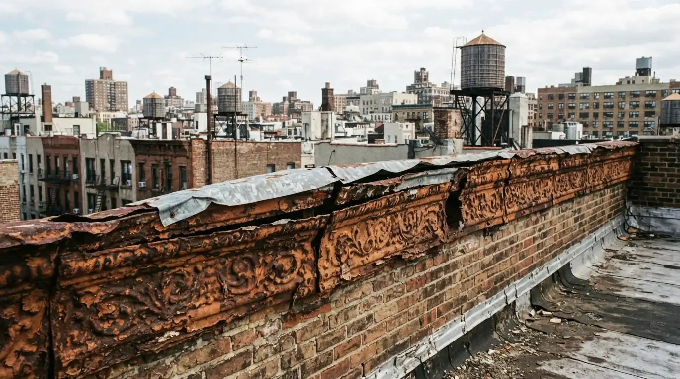 Rusted pressed-metal cornice with open seams